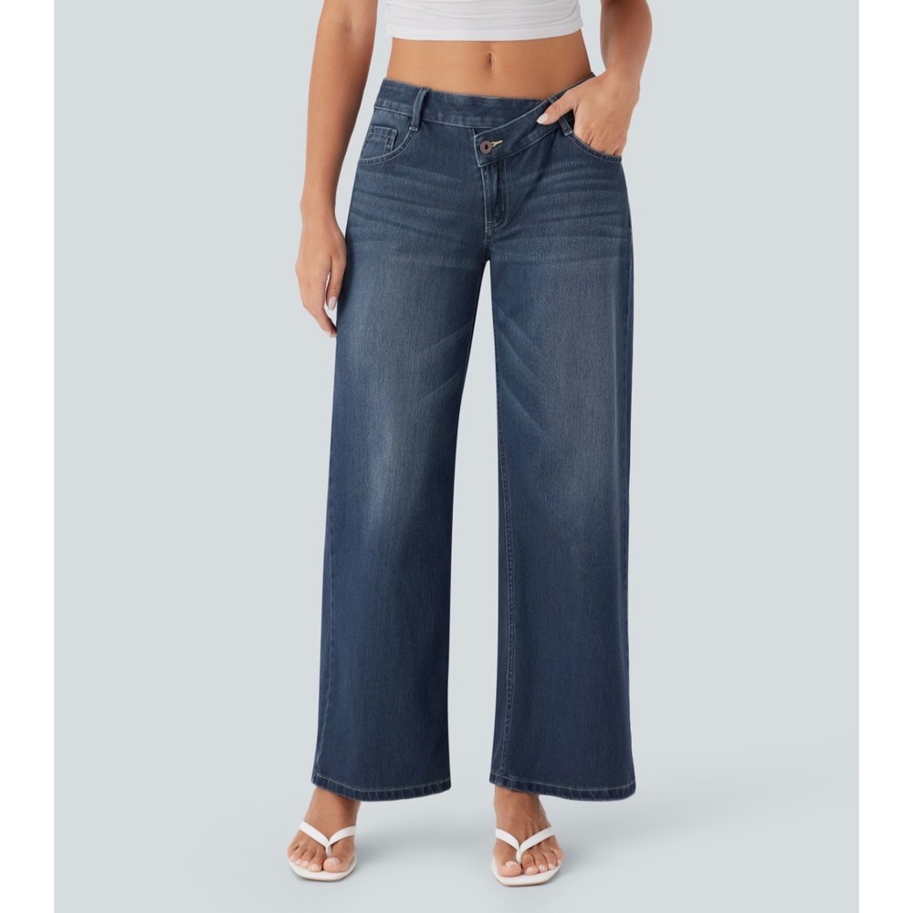 Halara Flex Asymmetric Low Rise Wide Leg Baggy Jeans Blue Washed S NWT